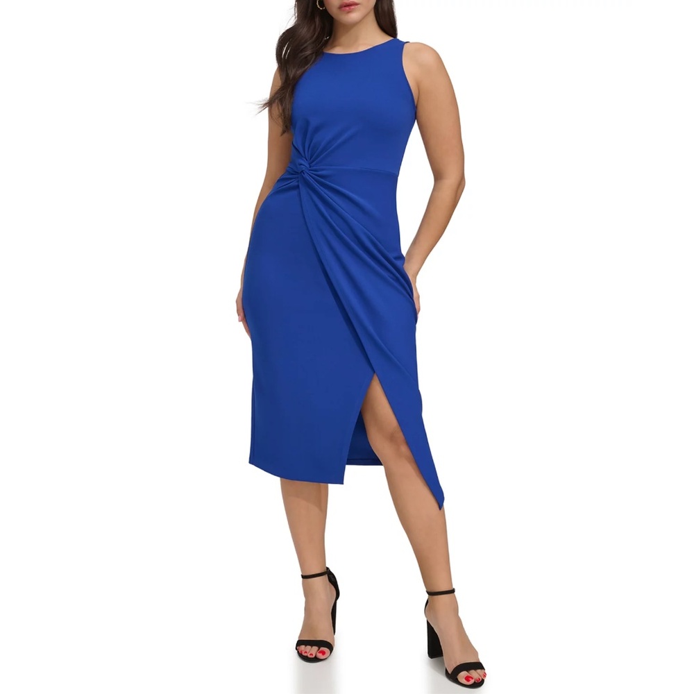 SIENA: Sleeveless Twist Front Crepe Faux Wrap Midi Dress (NWT)